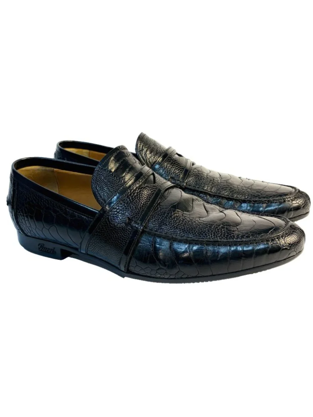 Gucci Genuine Full Ostrich Leg Penny Loafers Black Size 8.5/9.5 US Rubber Sole